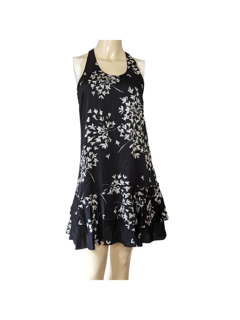 Banana Republic Dress Women 4 Black White Floral Racerback Ruffle Hem Lined